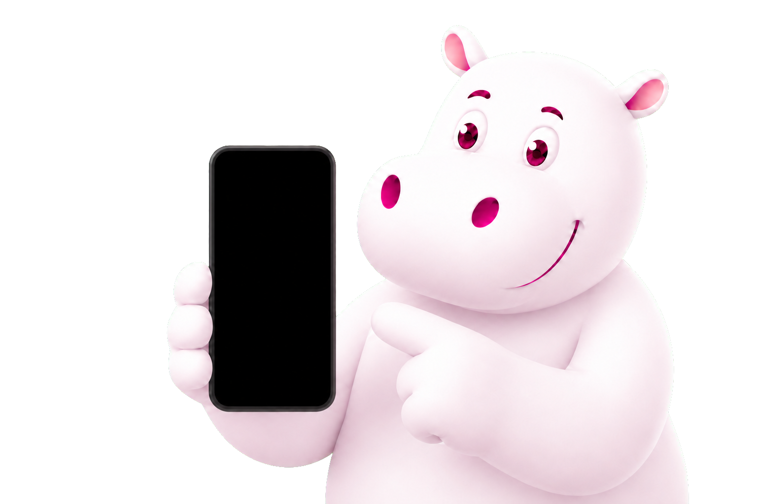 Trippo hippo holding a phone displaying the Trippo app